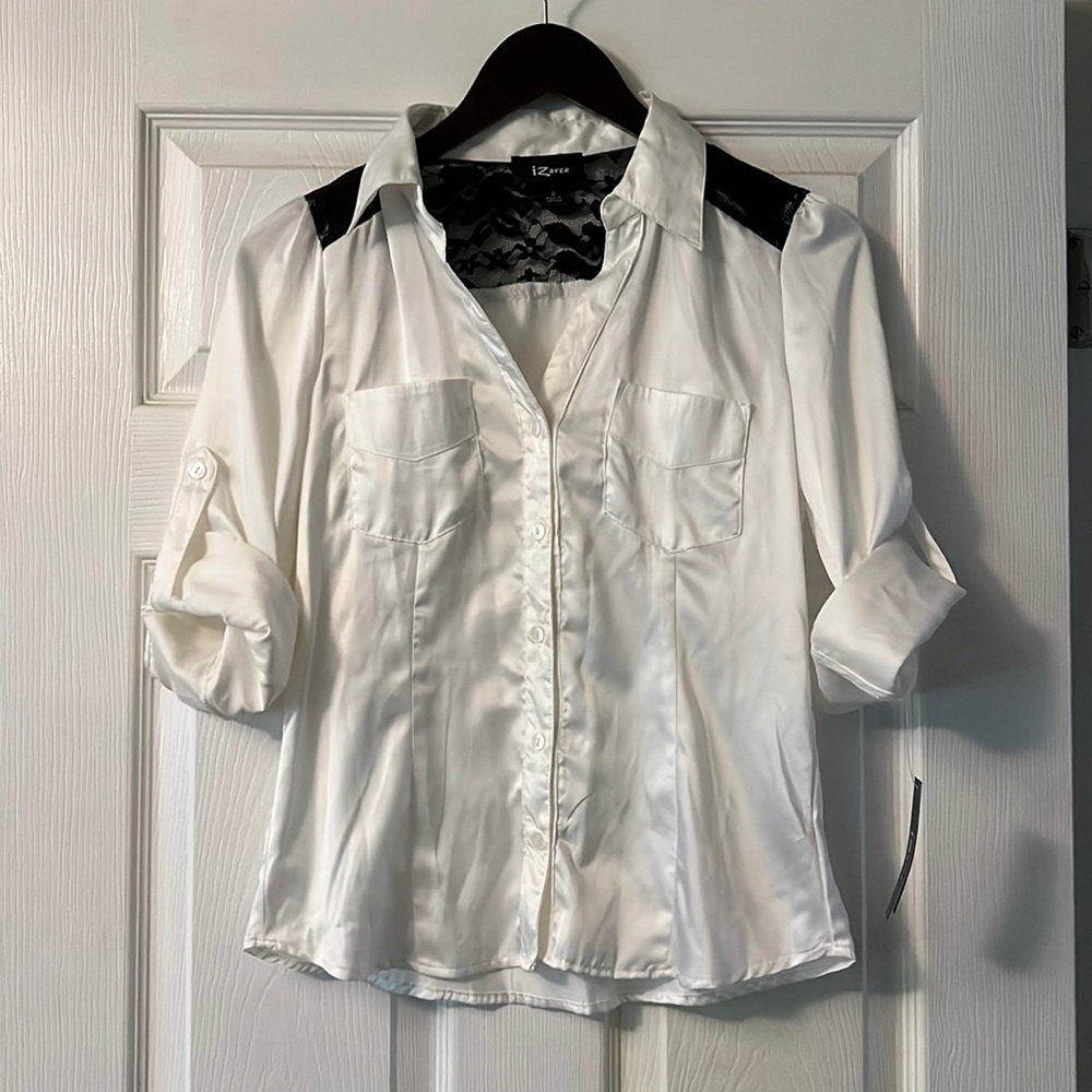 NWT Silky white top with black lace!